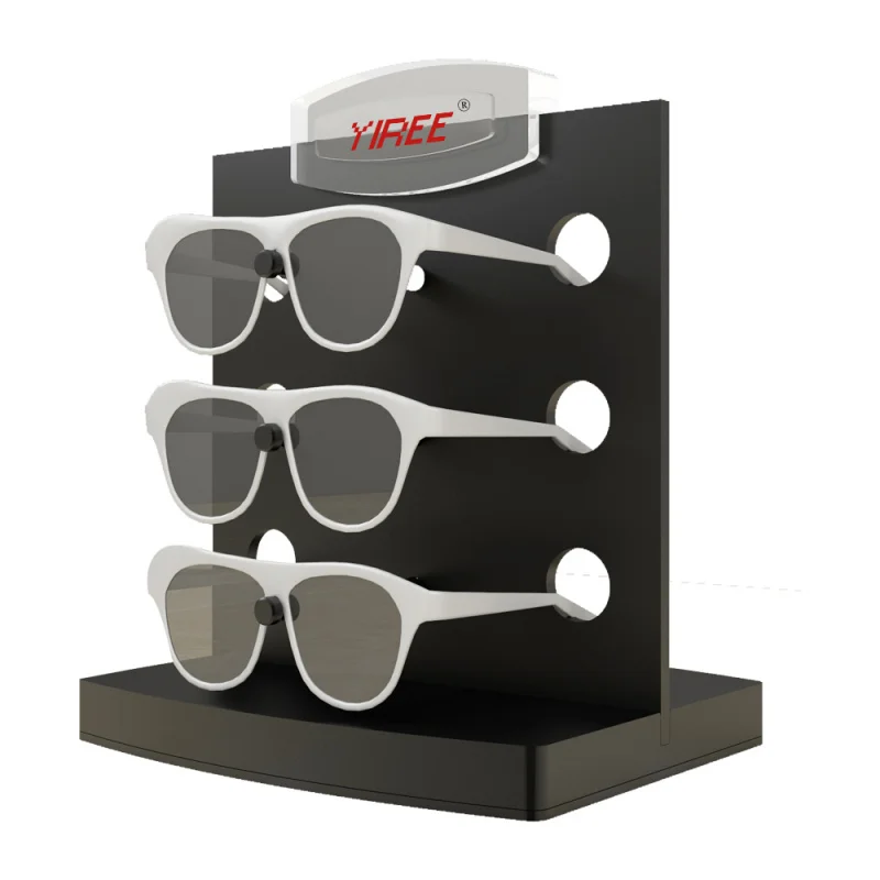 custom.Custom sunglasses eyeglasses fashion shop curve logo 3 slot floor counter stand optical frame display holder