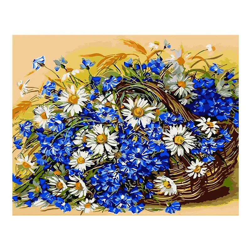 Flowers Paint By Numbers For Adults White Blue Daisy Arts , DIY Canvas Oil Painting Acrylic Kit 16 X 20Inch Frameless