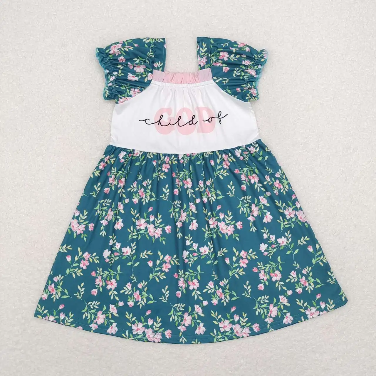 

RTS Baby Girls Wholesale Green Floral Pink Child Of God Church Knee Length Trendy Fashion Boutique Fashion Dresses
