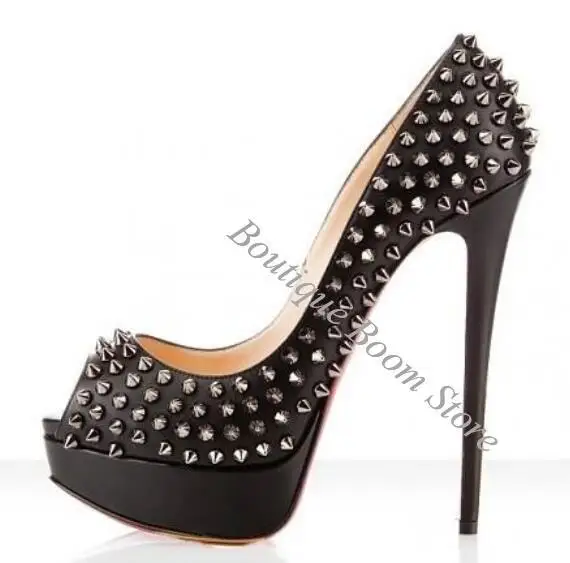 Gold 14cm Super high Heels Platform Pumps Female Rivets Studs Nude Black Patent Leather Peep-Toe Women Wedding Sandals Shoes