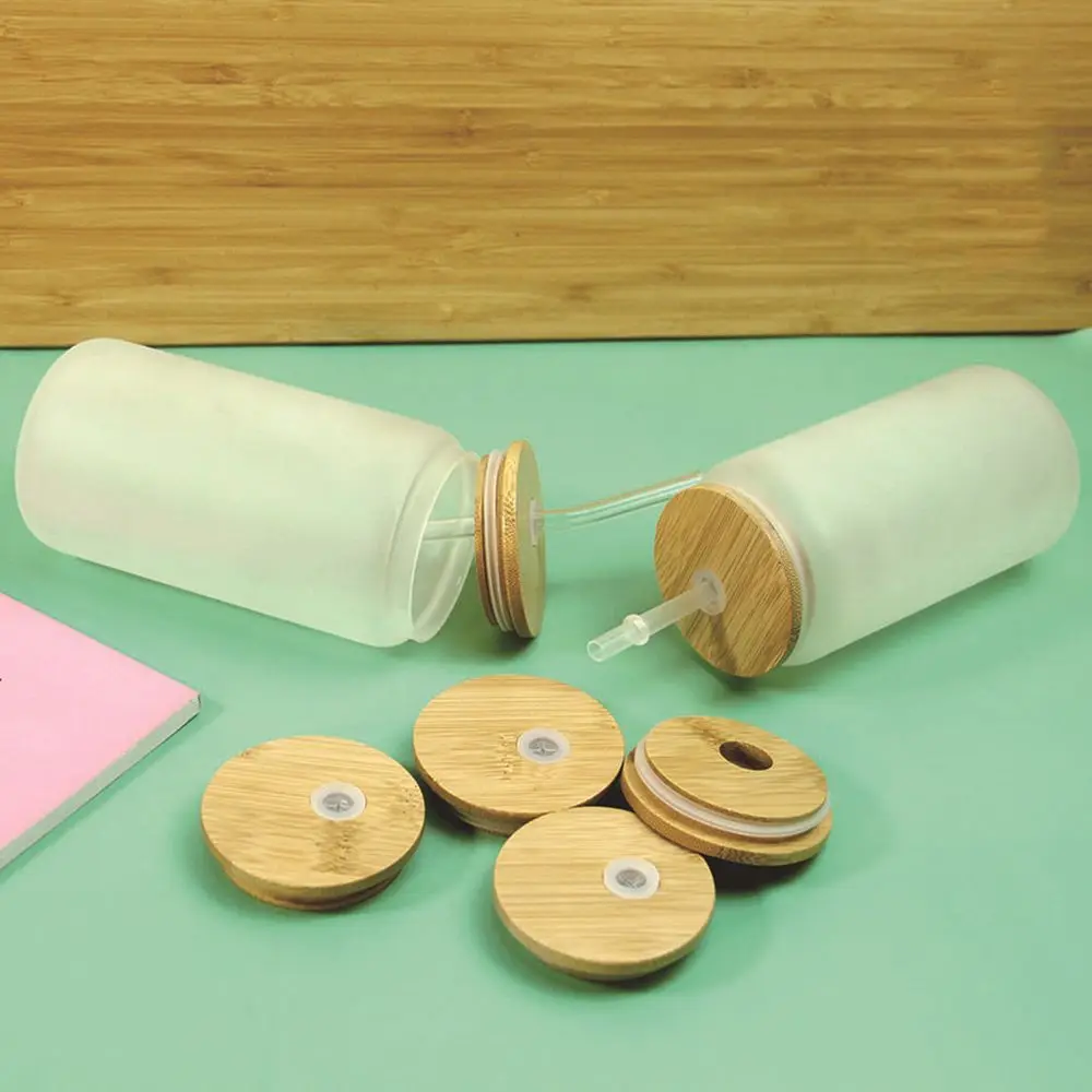 Bamboo Wood Lids With Straw Hole Mason Jar Lid Wide Mouth Cup Silicone Seal Ring Canning Caps Storage Bottles Reusable Gift