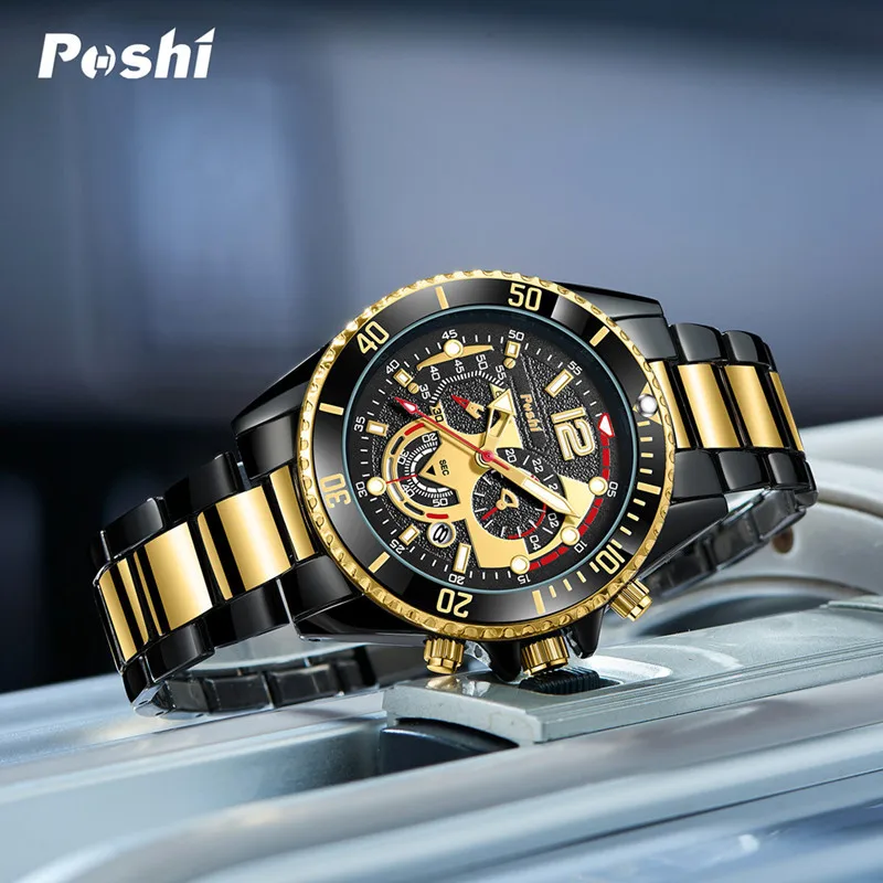 POSHI-Reloj de pulsera de cuarzo para hombre, cronógrafo de lujo, resistente al agua, con correa de aleación luminosa, para negocios