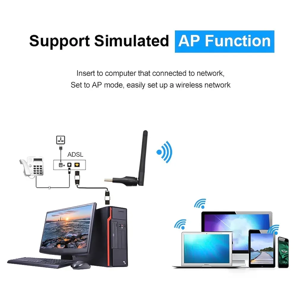 Mini adaptador WiFi USB MT7601 de 150Mbps, tarjeta de red inalámbrica de 2,4 GHz, receptor WiFi 802,11 b /g/n, Dongle LAN para decodificador RTL8188