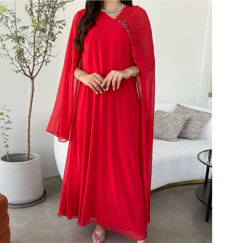 Temperament Chiffon V-Neck Straight Cap Sleeve Crystal Evening Dress Floor Length Half Sleeves Photo Color Vestidos de fiesta