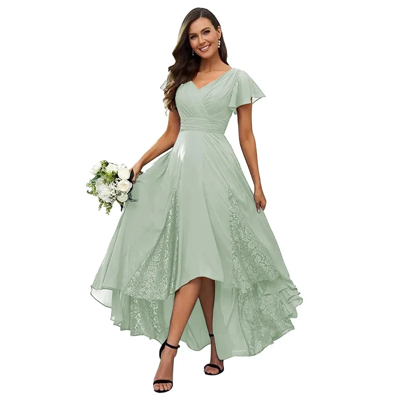 Vestidos para madre de la novia con cuello en V, apliques de encaje con volantes, vestido de fiesta de noche Formal para dama de honor, vestido de invitados de boda de manga corta
