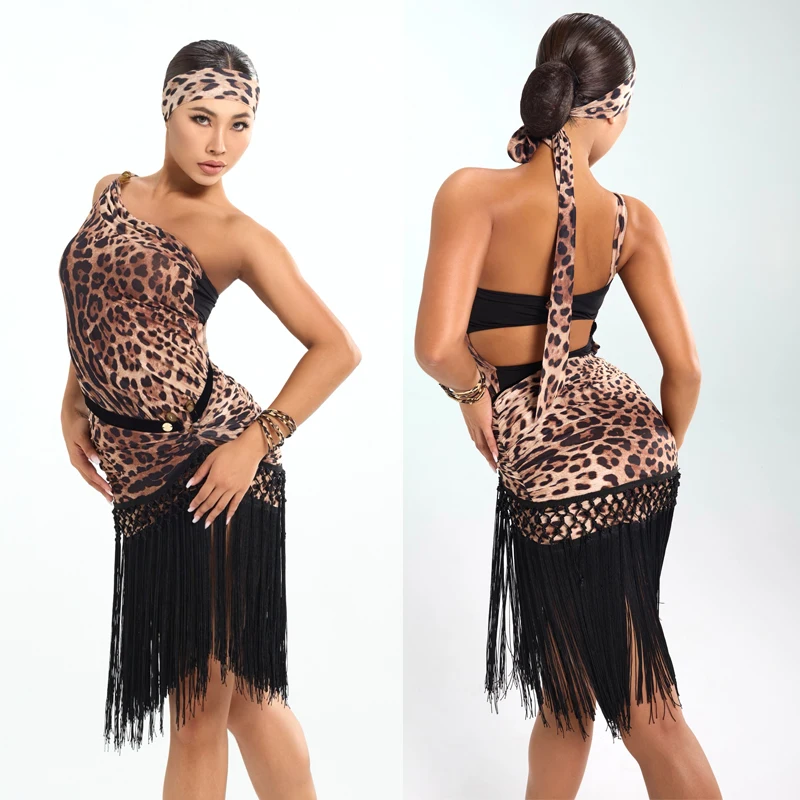 New Female Latin Dance Competition Clothing Sexy Leopard Top Tassels Skirt Women Chacha Smaba Latin Dance Costumes SL11402