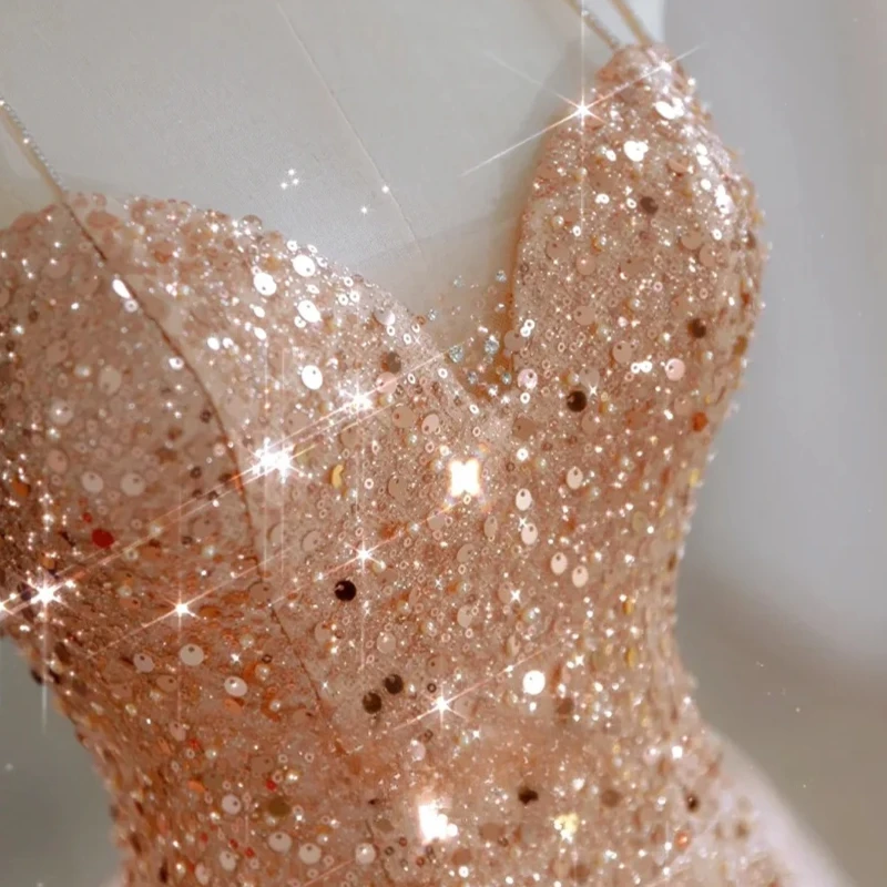 Роскошные вечерние платья цвета шампанского, золотое платье на тонких бретельках, русалка с бисером, лента с блестками, сексуальный шлейф, платье для невесты, пляжной вечеринки, выпускного вечера, 2025