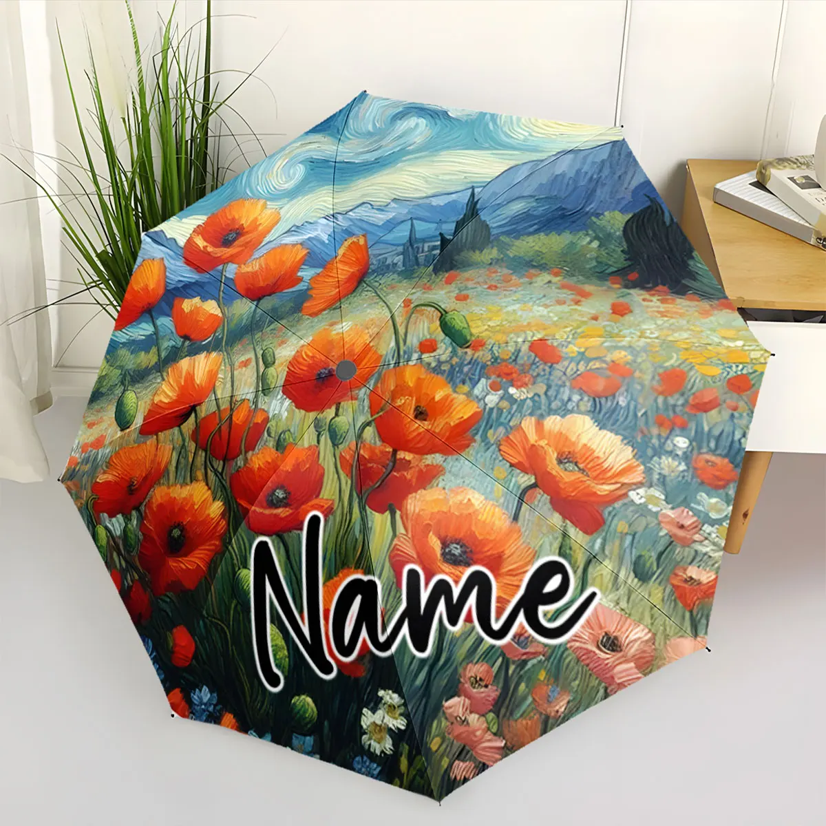 Custom Name Beautiful Umbrella with Vibrant Poppy Flower Design Print 8 Iron Ribs Folding Umbrella Auto-Open Fashion Sunshade