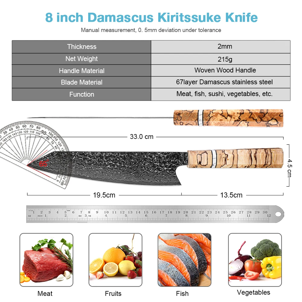 XITUO 8 Inch Kiritsuke Chef Knife Ultra Sharp Japanese Damascus Steel Blade Kitchen Knife for Sushi & Meat Octagonal Handle