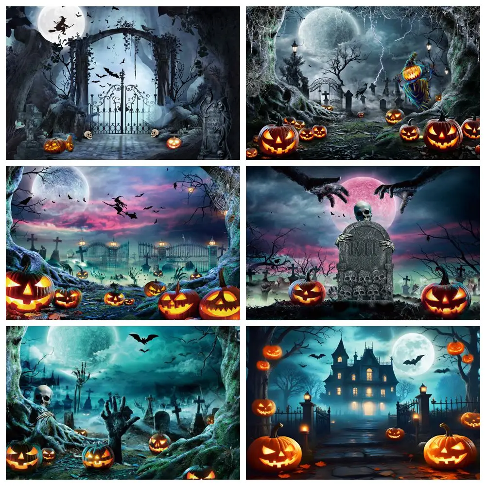 

Halloween Photography Backdrop Skull Tombstone Cemetery Pumpkin Lantern Moon Night Photography Background Decor Photostudio Prop