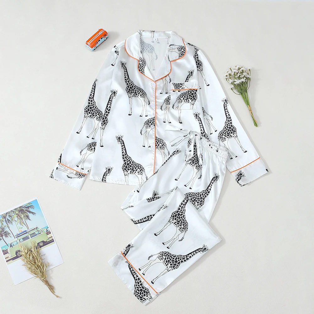 

2Pcs Female Comfortable Long Sleeve Sleepwear Set Loose Loungewear Lapel Shirt Long Pants Pajamas Simple Leisure Home Clothing