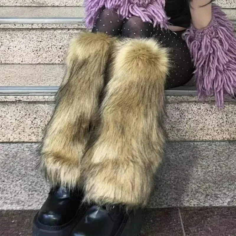 

Fashion Japanese Women Faux Fur Leg Warmers Boot Covers Y2K Brown Leg Socks Punk Jk Knee-length Hiphop Hotgirl Winter Warm Sock