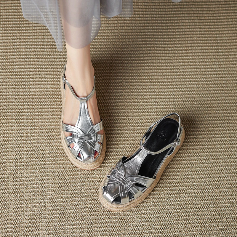 2025summer women sandals natural leather 22-25cm sheepskin+cowhide+pigskin women shoes ankle-buckle cross-strap platform Sandals
