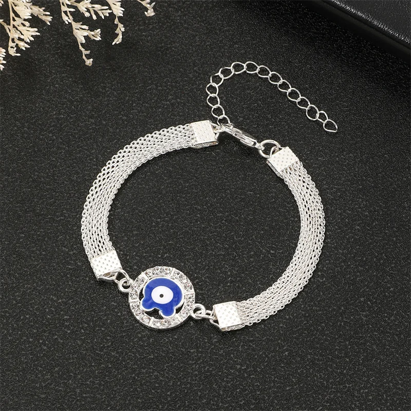 Retro Evil Eye Rhinestone Silver Color Bracelet for Women Men Lucky Jewelry Link Chain Party Office Wrist Accessories