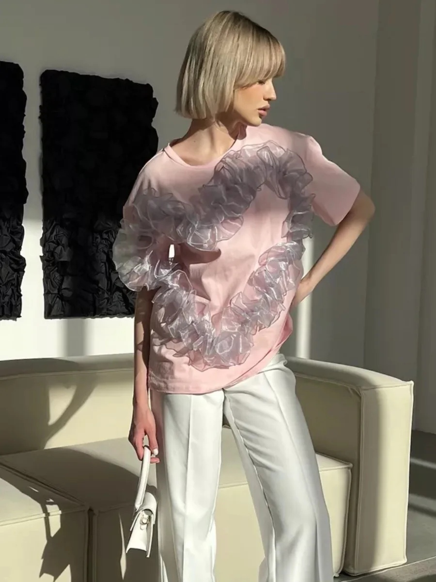 Love organza pleated splicing T-shirt for women's fashion Instagram style round neck loose cotton short sleeved top no innerwear