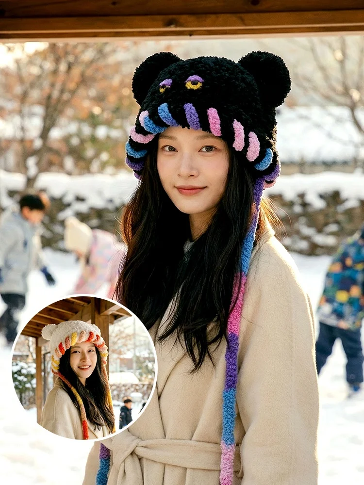 雪だるまdiy手編みウールベア耳ヘッドバンド素材キット秋冬ニットプラフックヤーンクラフト帽子編みキット