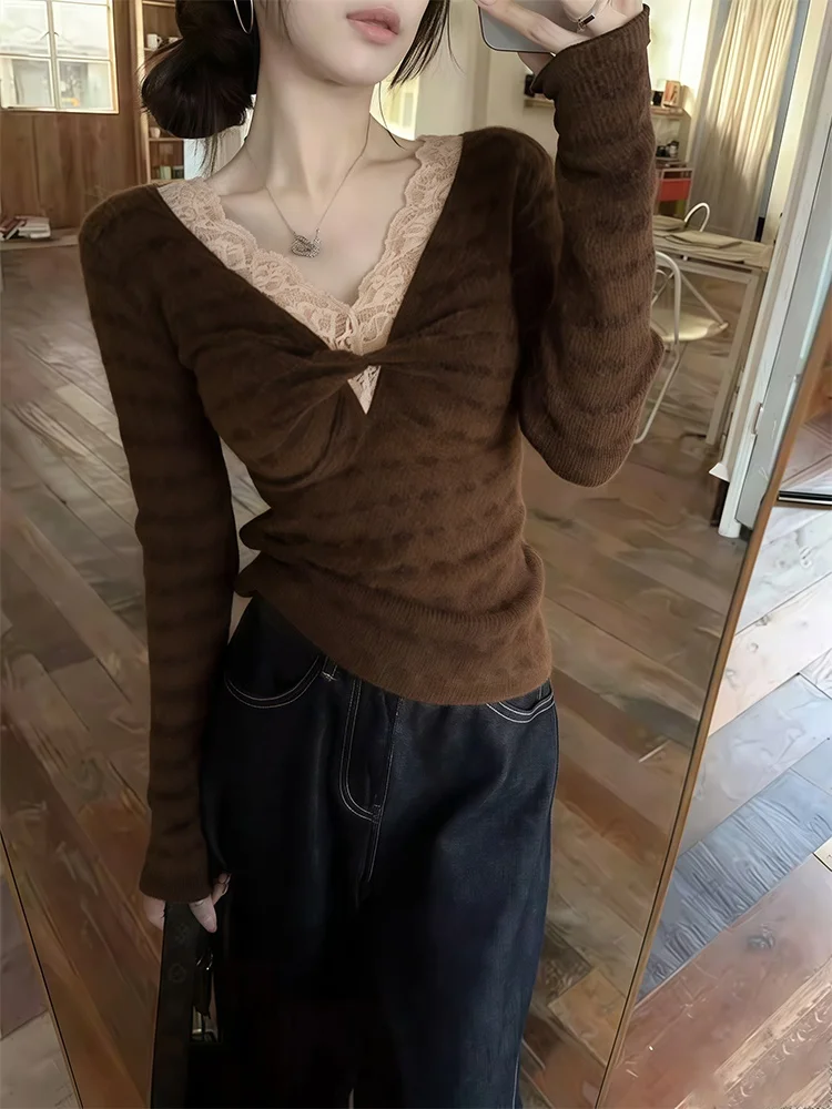 

Корейский модный вязаный свитер с длинным рукавом и кружевом для женщин, ранняя весна, стильный топ Pure Desire