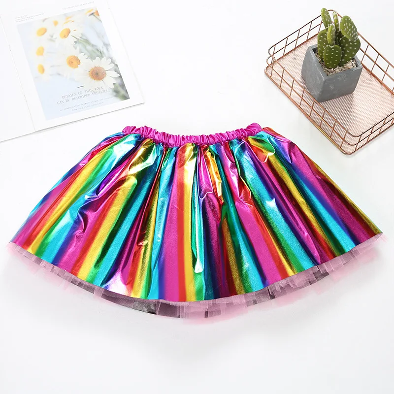 2022 new bronzing rainbow skirt party show girls skirt plus lining mesh tutu skirt children\'s clothing