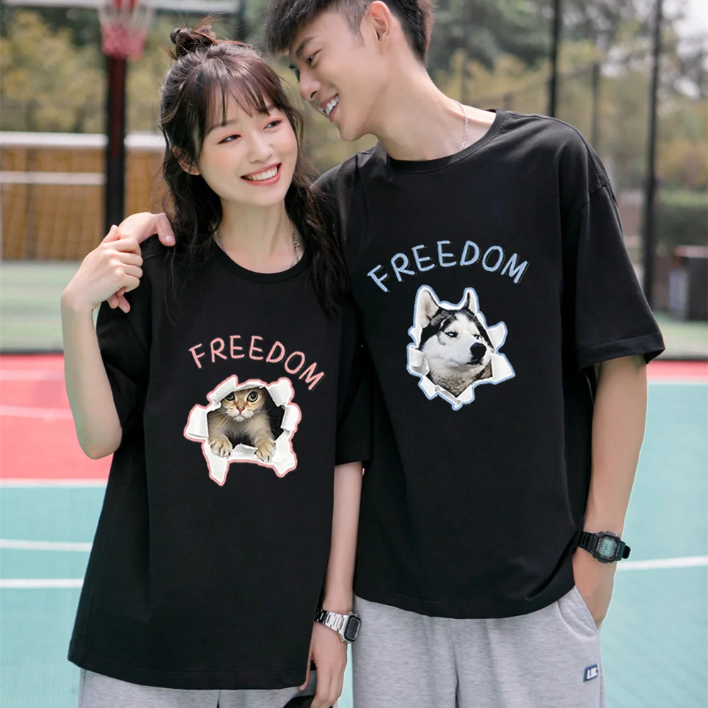 2023 Funny Cat Dog Pairing Print For Couple Men Women Summer Casual Cotton Oversized  Loose Short Sleeve T-shirts  Tee Tops