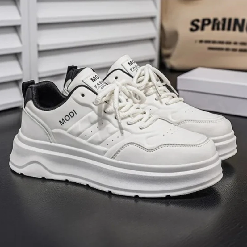 Summer Men's White Platform Sneakers Leather Casual Shoes Thick Sole Streetwear Trendy Footwear Comfort Versatile Running Shoes