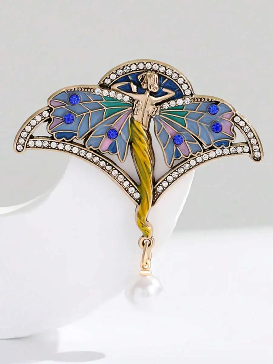 

Vintage Fairy Brooch With Fan-Shaped Wings, Enamel And Rhinestone Design For Jackets Blazers