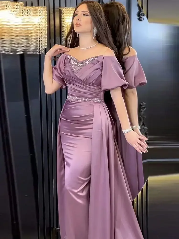 Romantic Purple Satin Evening Dresses Off The Shoulder Party Prom Gowns Simplicity Short Sleeves Mopping Length Vestidos De Noch