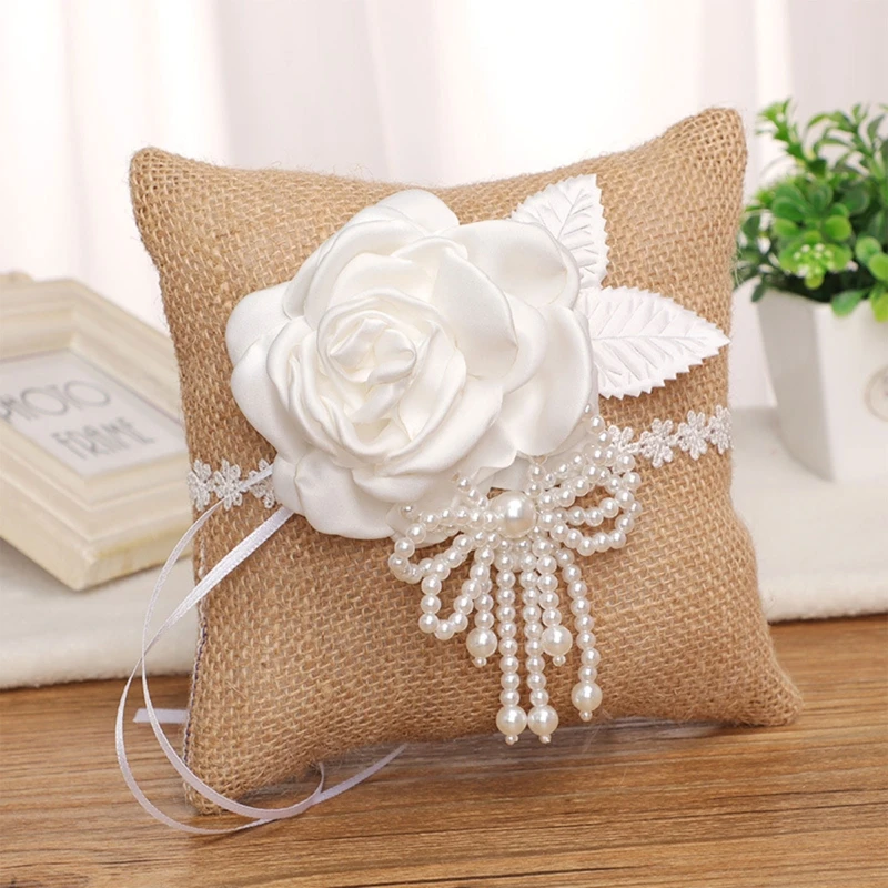 Burlap Flower Girl Basket with Pearl Beaded Bows Rustic Wedding Ring Pillow