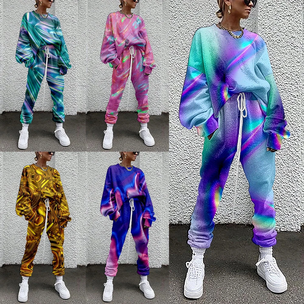 Women Tracksuit Color Print 2 Piece Outfit Sweatshirt+Straight Sweatpants Matching Set Fitness Sporty Streetwear 4XL