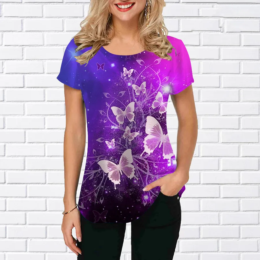 فراشة نمط موضة النساء تي شيرت الصيف قصيرة الأكمام ثلاثية الأبعاد مطبوعة الشارع الهيب هوب السيدات تي شيرت 3XL حجم كبير بلايز عادية