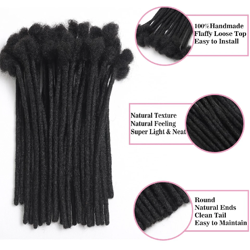 Afro Fully Handmade Permanent Loc Extensions Human Hair 0.8 cm Width Dreadlock Extensions Human Hair For Men/Women/Kids 10-40Pcs