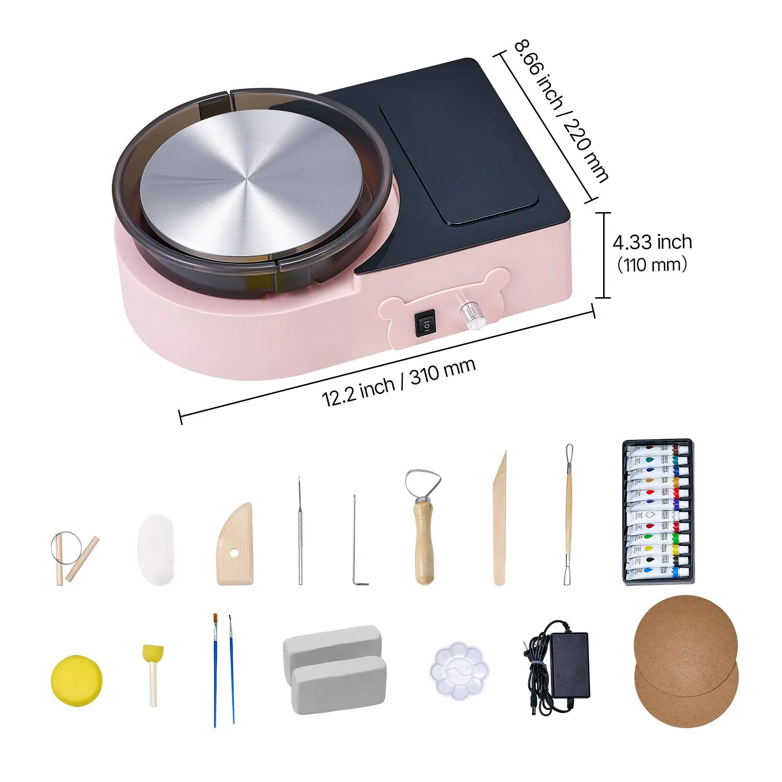 Mini Pottery Wheel, 6 inch Turntable, Forward and Reverse Rotation, Adjustable Speed, Electric Clay Wheel for Kids and Adults, with Clay Shaping Tools, for Home DIY, Pottery Classes, Pink
