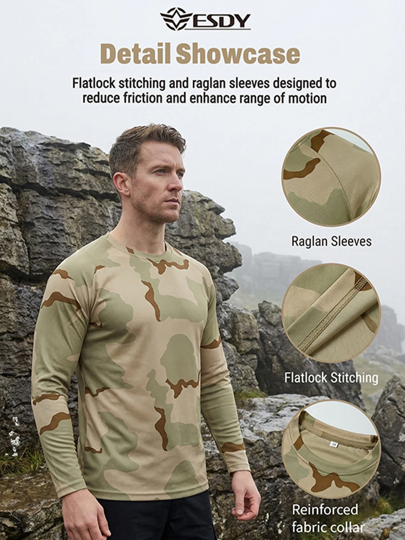 Esdy Men's Round Neck Quick-Drying Long-Sleeved Sports Casual T-Shirt Breathable Lightweight Quick-Drying Men's T-Shirt Outdoor Hiking Fishing Sports Long-Sleeved
