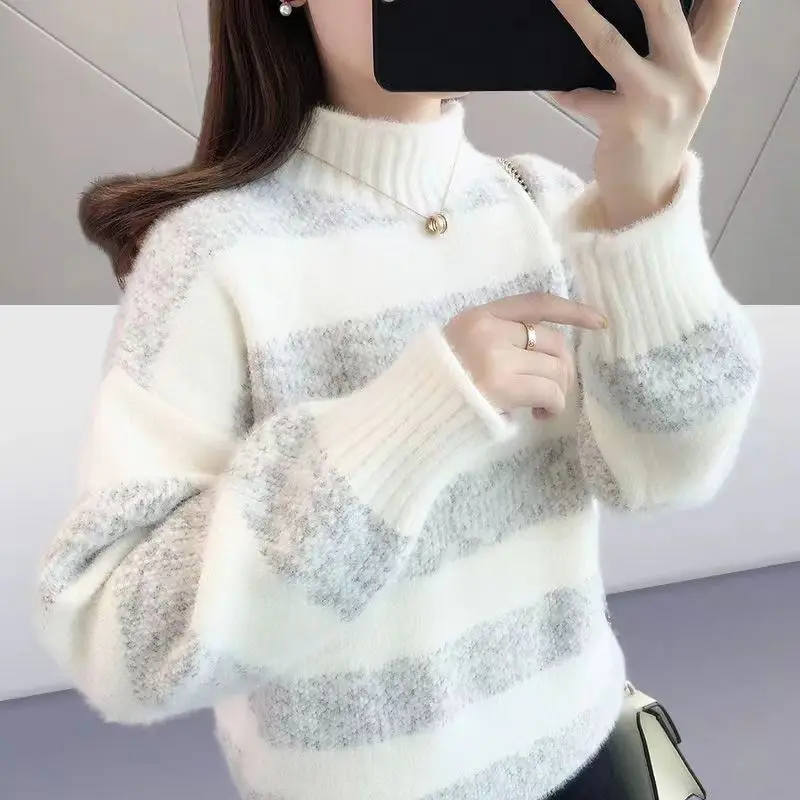 Women Trendy Striped Casual Streetwear High Collar Thick Soft Knitted Sweater 2023 Autumn Winter Long Sleeve Loose Pullover Tops