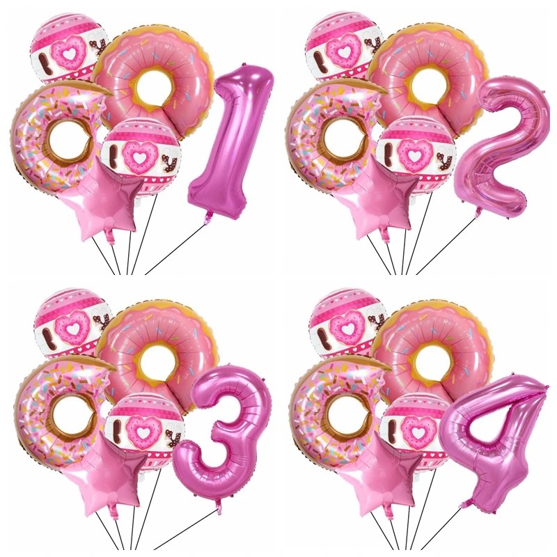 6pcs Donut Number Foil Balloons Set 1st 2nd Girls Birthday Party Decorations Candy Confetti Balloon Baby Shower Wedding Globos