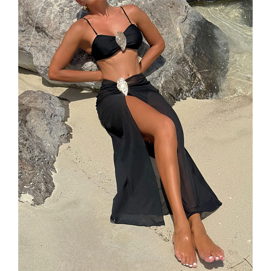 Neu mit Rock, Metallring, brasilianischer Bikini, Damen-Badeanzug, Damen-Bademode, dreiteiliges Bikini-Set, Badeanzug, Badebekleidung, Schwimmbekleidung V6990 – Detail 5