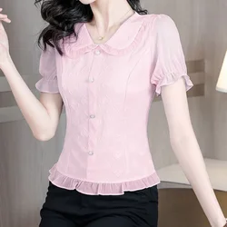 Temperament Geplooide Blouse Zomer Nieuwe Korte Mouw Knoop Patchwork Solide All-Match Shirt Tops Elegante Mode Dameskleding