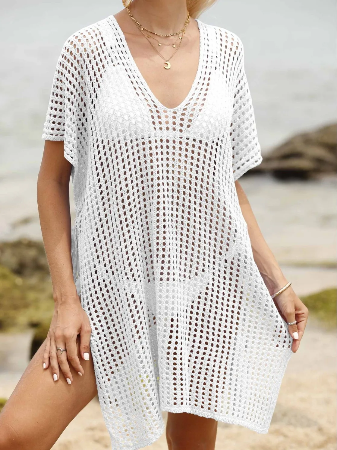 Lekka, przewiewna sukienka, ręcznie robiona na szydełku, wiązana, półprzezroczysta sukienka, dzianinowa, przezroczysta sukienka koronkowa, bikini, kimono plażowe, strój kąpielowy na wakacje.