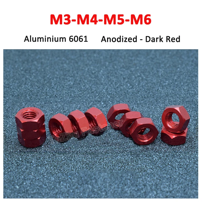 5/10/20/50pcs M3 M4 M5 M6 Aluminum Hexagon Nuts Anodized - Dark Red Aluminium Alloy Hex Nut DIN934 for Screws Bolts Locknuts