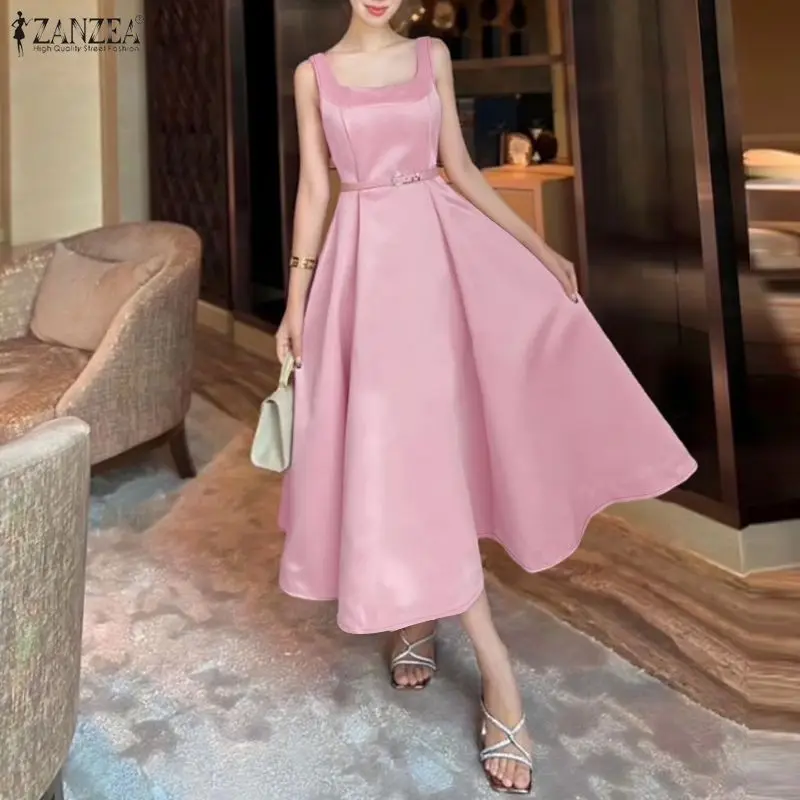 ZANZEA Elegante Damen-Satinkleider 2026 Sommer Quadratischer Ausschnitt Partykleid Ärmelloses Tanktop Sommerkleid Stilvolle A-Linie Taillierte Robe