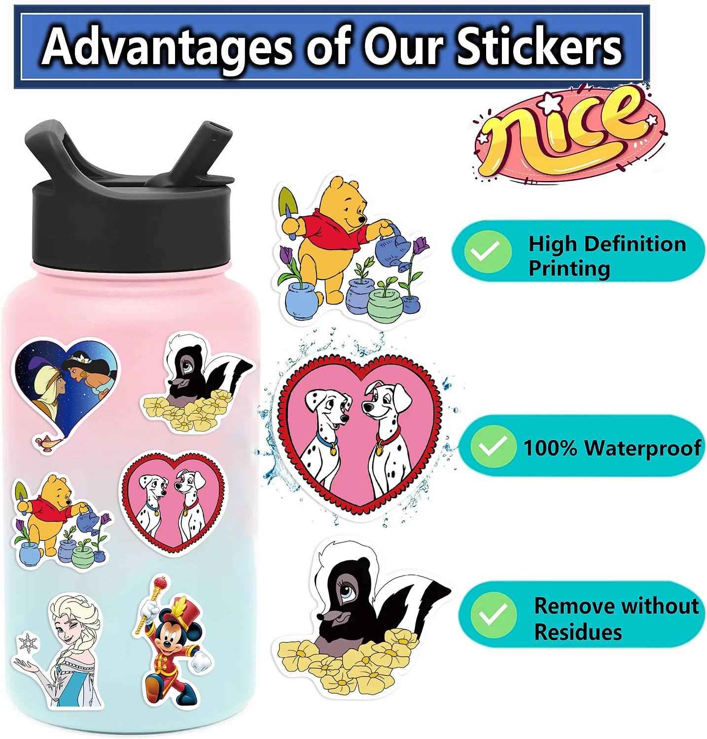 53/106PCS Cute Disney Character Mickey Mouse Princess Cartoon Stickers Aesthetic Laptop Car Mix Anime Sticker Kid Toy