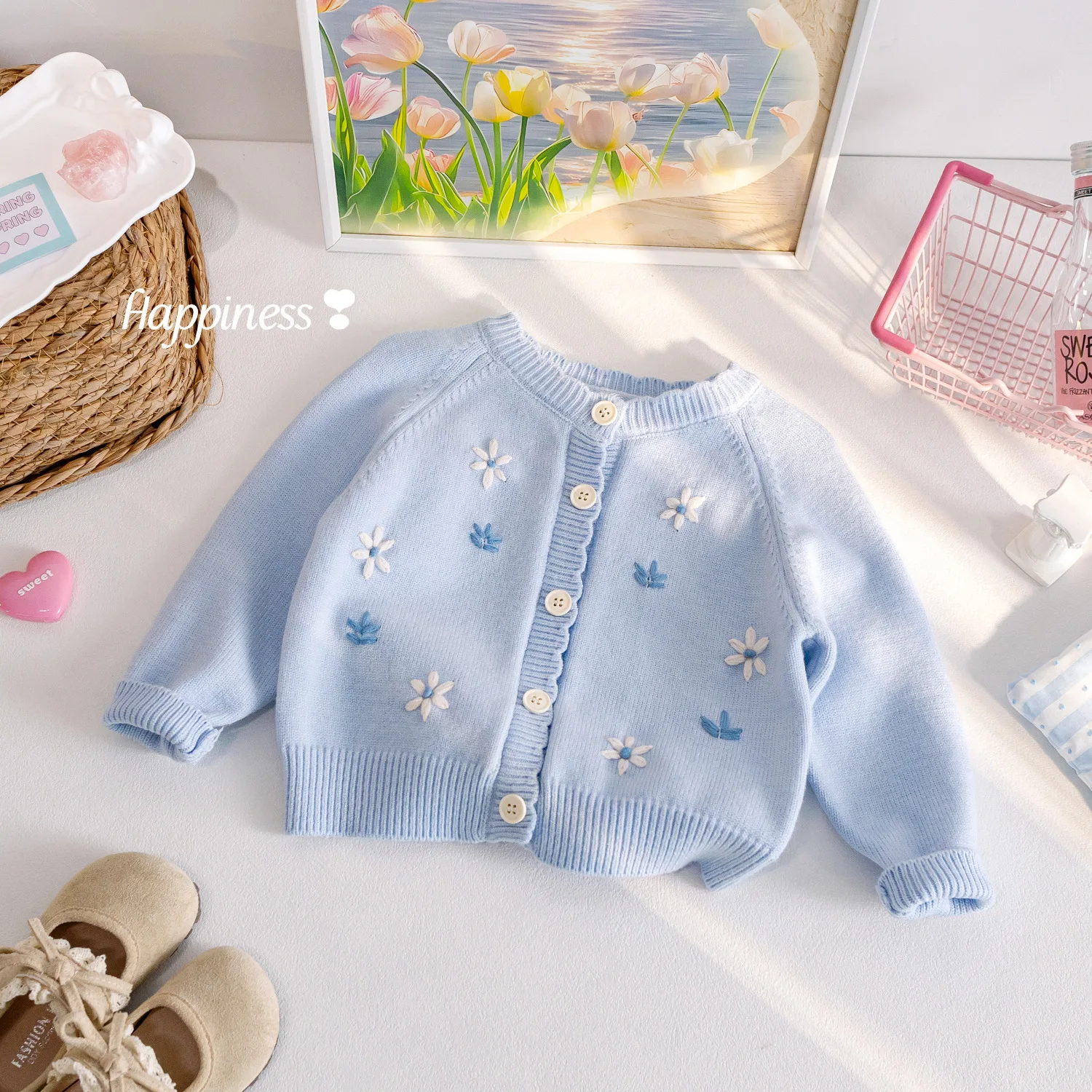 Girls Autumn Fresh Knitted Sweater with Sweet Embroidery Hook Flower Sweater Jacket Baby Autumn Cardigan