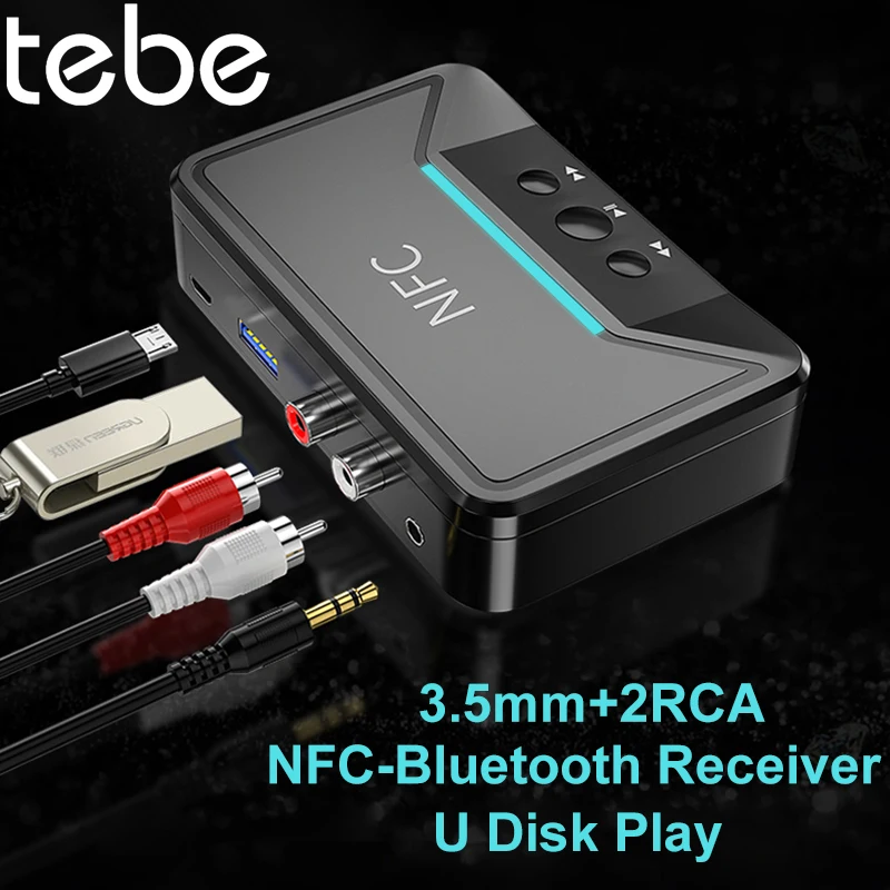 Tebe NFC Bluetooth 5.0 Audio Receiver 2RCA Wireless Car Stereo Music Adapter with 3.5mm Aux Jack Support USB Disk Play