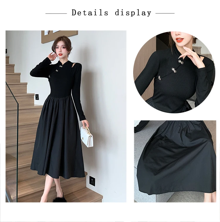 Chinese Style High Quality Fall Winter Black Knitted Sweater Slim Waist Midi Patchwork Dresses Elegant Women Chic Buttons Vestid