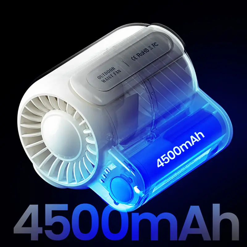 Mini ventilador recarregável portátil, ventilador de cintura pessoal para viagens, esportes ao ar livre, bateria 4500mAh, verão