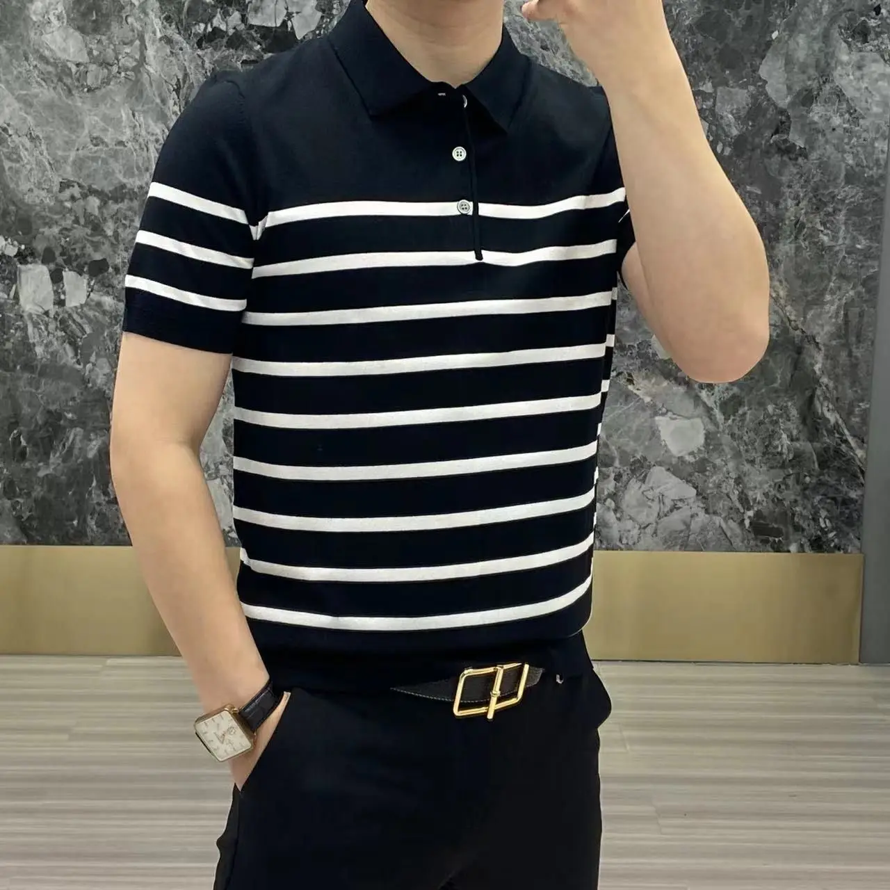 Polo ajustado a rayas para hombre, ropa coreana, ropa de calle de punto, Tops versátiles de manga corta a la moda, Verano