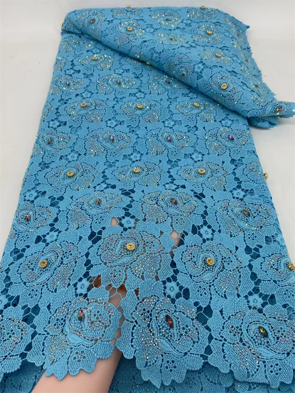 

African Fabric Lace High Quality 5 Yards 2025 In Green Guipure Lace Fabric With Stones Embroidery Luxury Party Dresses A1142-2
