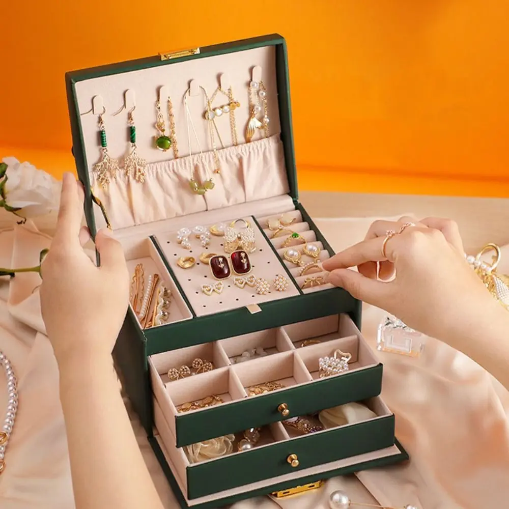 

Three layer Woman Jewelry Box Large Capacity Leather Bracelet Ring Box Drawer style with Lock Earrings Bracelets Display Stand