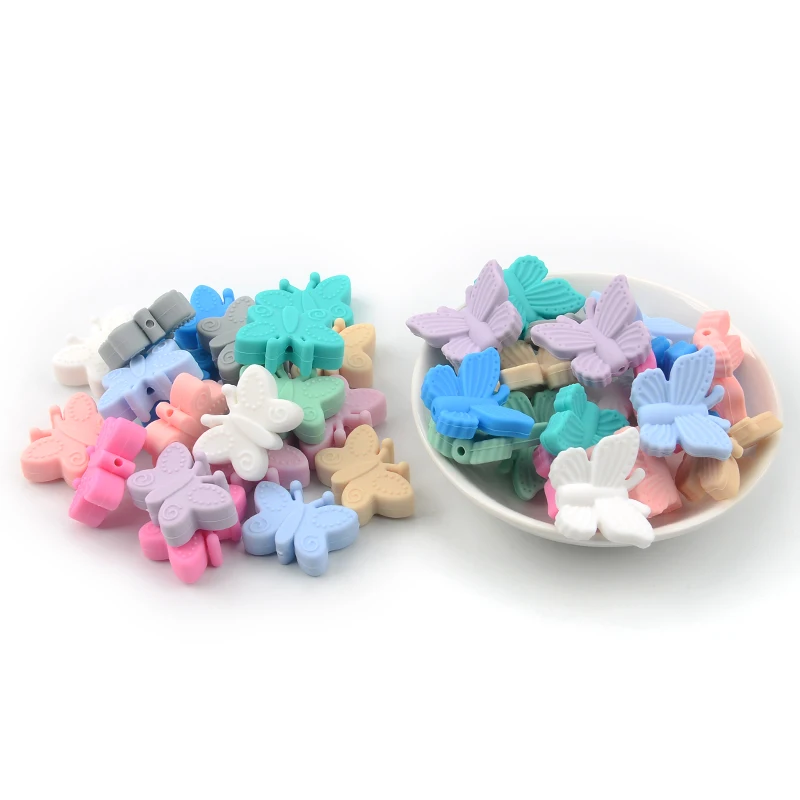 LOFCA 20pcs  Butterfly Beads Silicone Teethers BPA Free DIY Loose Bead For Teething Necklace Animal Shaped Cute Teething Toys
