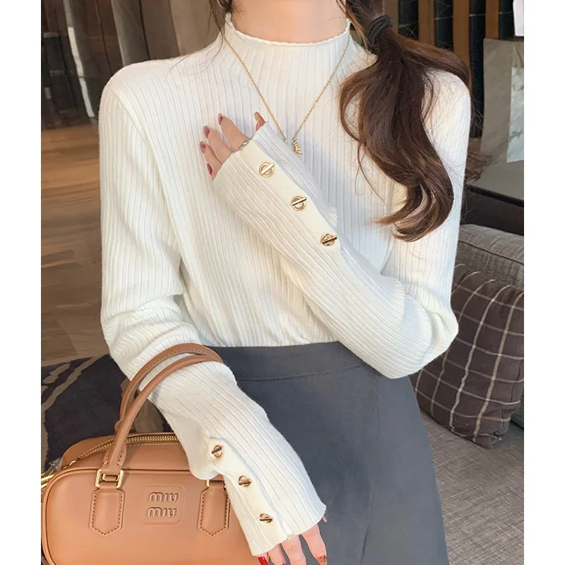 

Fashionable Half High Collar Women's Slim Solid Color Sweaters Autumn Winter New Chic Button Soft Elastic Elegant Knitted Tops