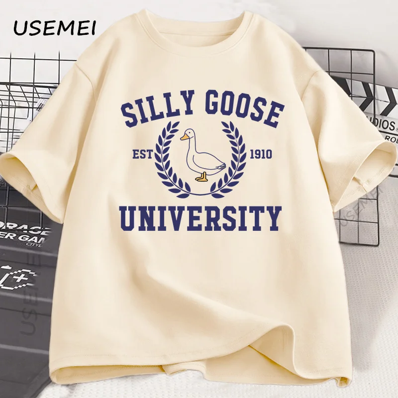 Silly Goose University Crewneck Tshirt Funny Cotton Short Sleeve Graphic T Shirts Casual Round Neck Short Sleeve T-shirts